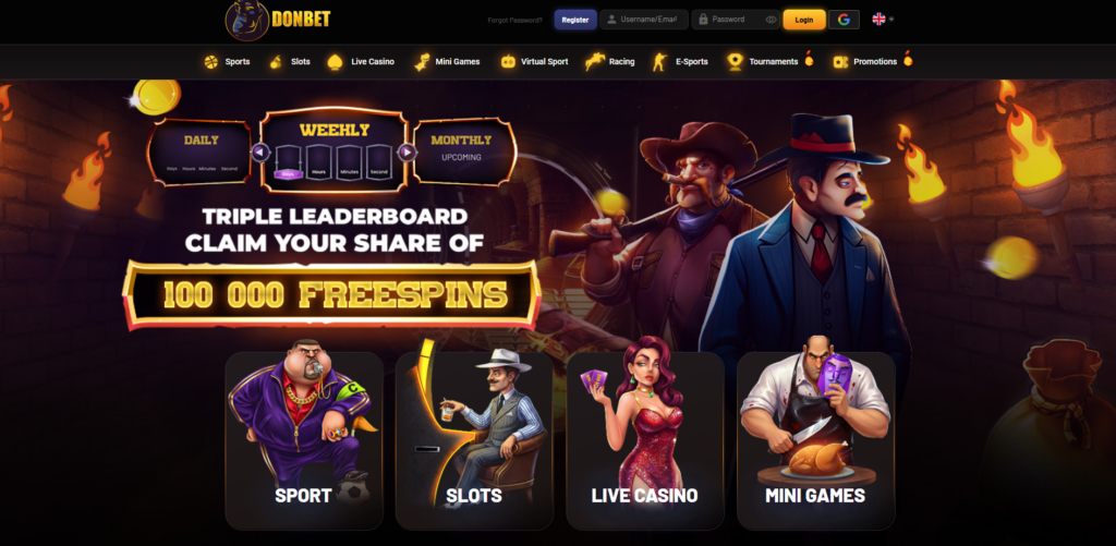 DonBet casino homepage featuring the Italian mafia theme, Don mascot and welcome bonus options