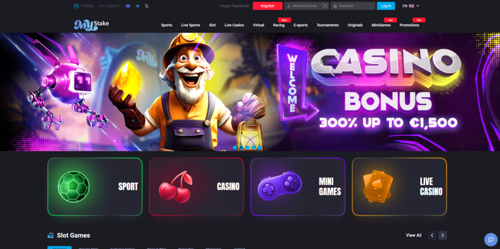 MyStake casino main lobby showing navigation menu, game categories and sportsbook access
