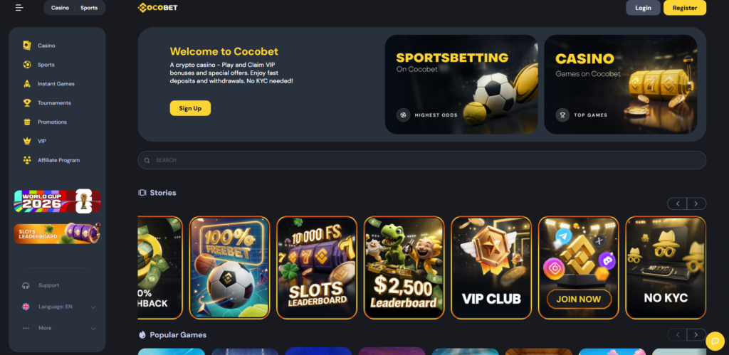 CocoBet crypto casino homepage showing welcome offer banner and game lobby