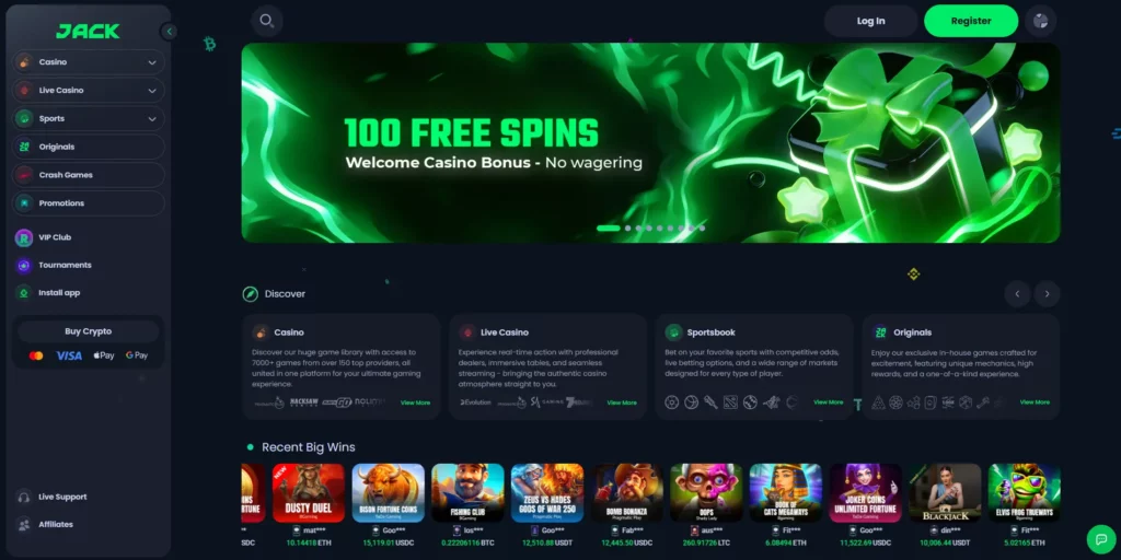 JACK casino homepage at jack.com showing the 2026 rebrand of Jackbit with game lobby and sportsbook